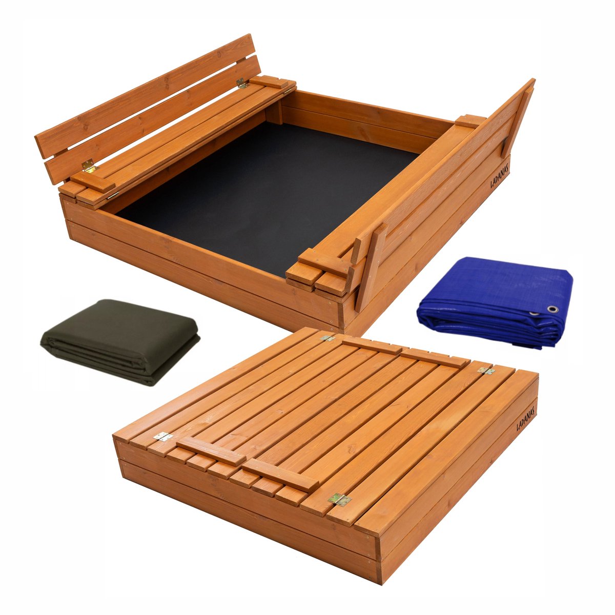 Afsluitbare Zandbak met Banken 120x120 cm – Gecertificeerd & Geïmpregneerd Hout | Incl. AFDEKZEIL & GRONDDOEK | Voor 1-2 Kinderen